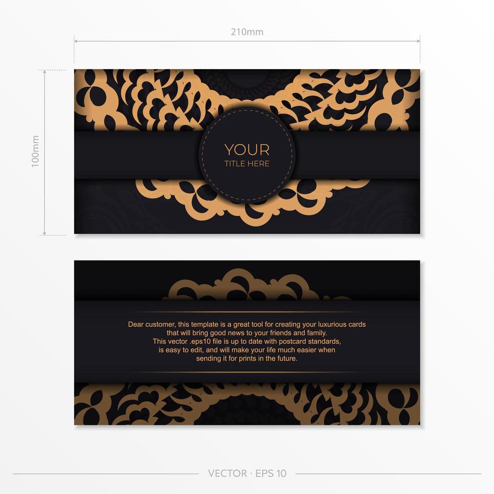 Dark black gold postcard template with white abstract mandala ornament. Elegant and classic vector elements are great for decoration.