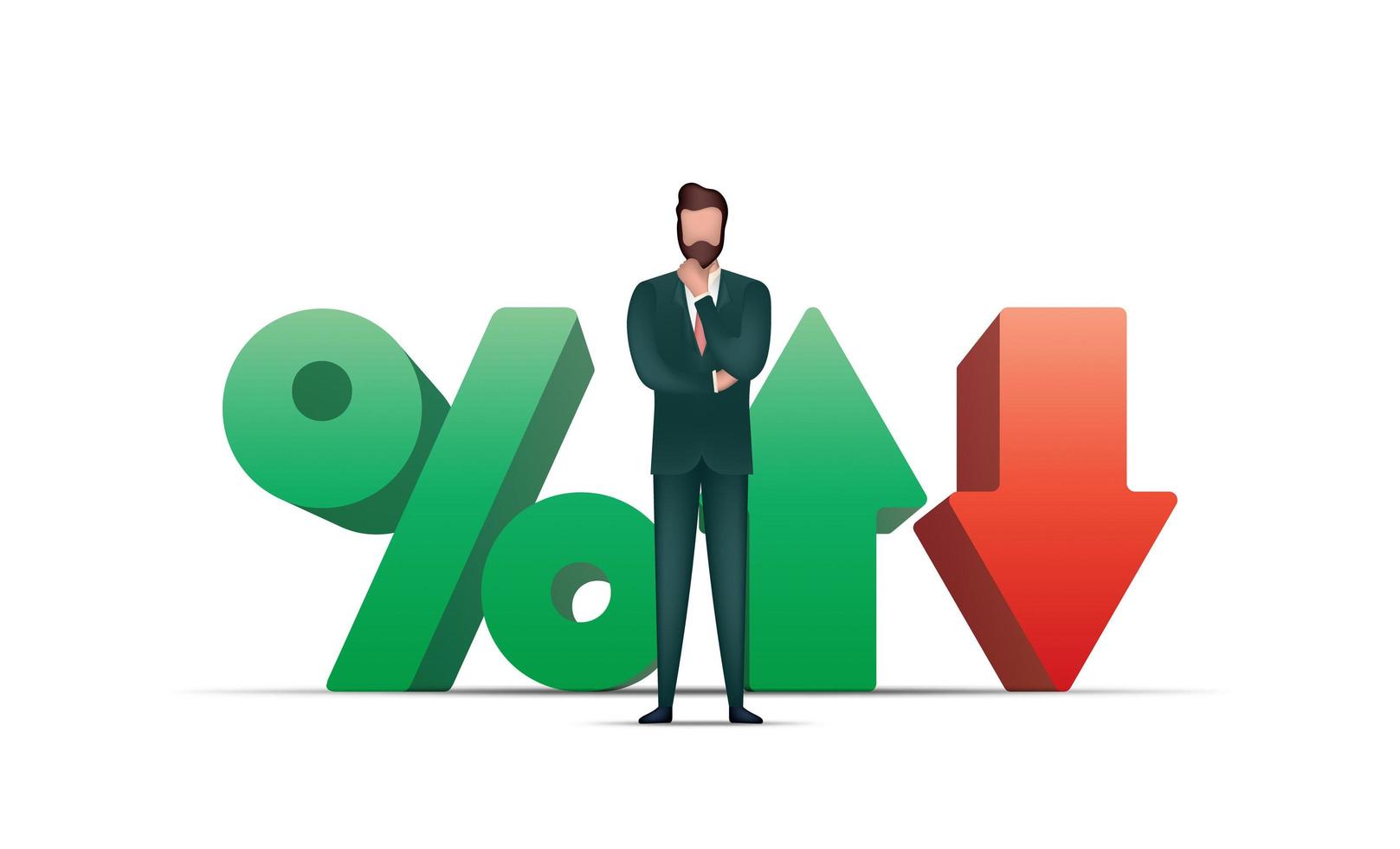 A businessman is pondering an idea. Percentage with up and down arrows. The concept of trading and trading on the finance exchange. Isolated. Vector. vector