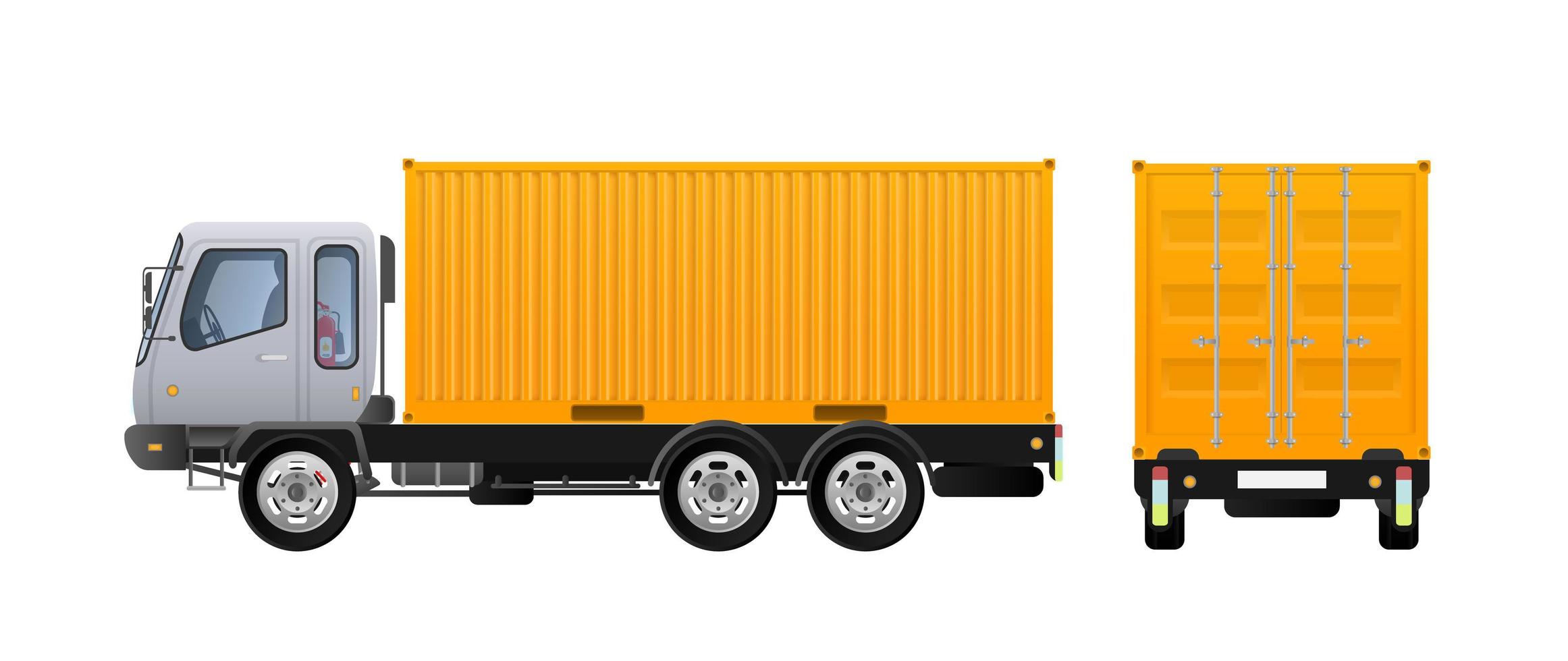 Vector truck side view. Delivery of cargo. Solid and flat color design. Yellow truck for transportation. Separately on a white background.