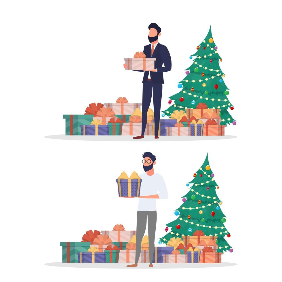 Two men holding presents and standing next to a christmas tree vector
