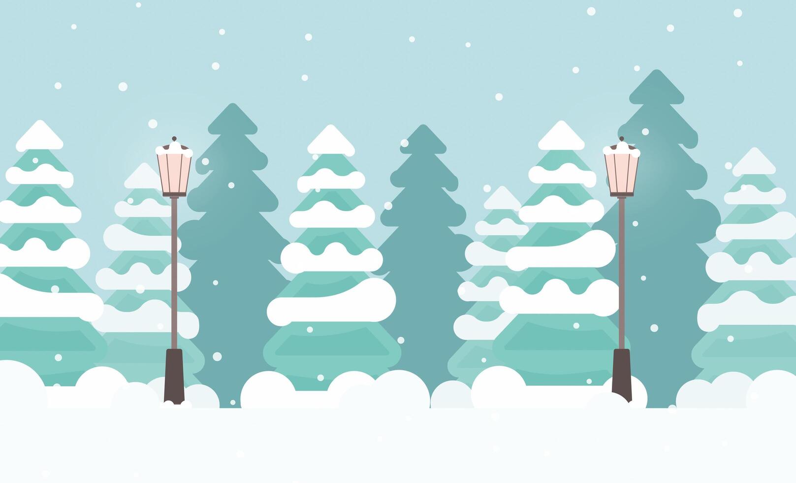 Winter landscape with snow covered trees and street lamps vector