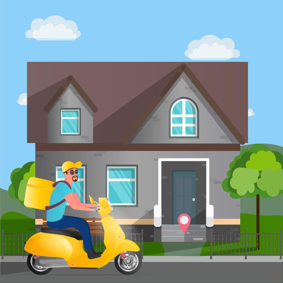 Food delivery on a scooter. A guy with a yellow backpack drives through the park. Yellow moped. The concept of food orders and delivery. illustration vector