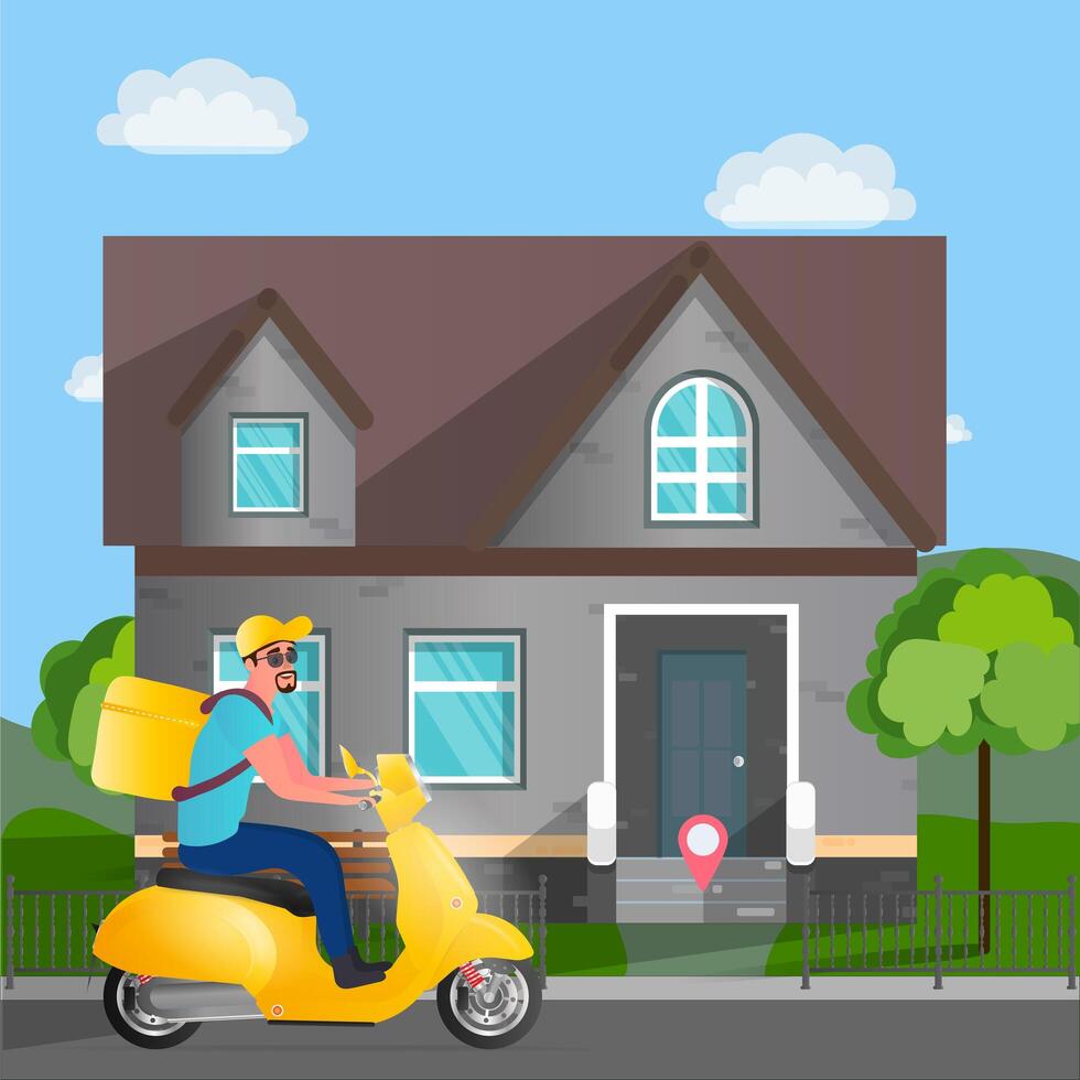 Food delivery on a scooter. A guy with a yellow backpack drives through the park. Yellow moped. The concept of food orders and delivery. Vector illustration