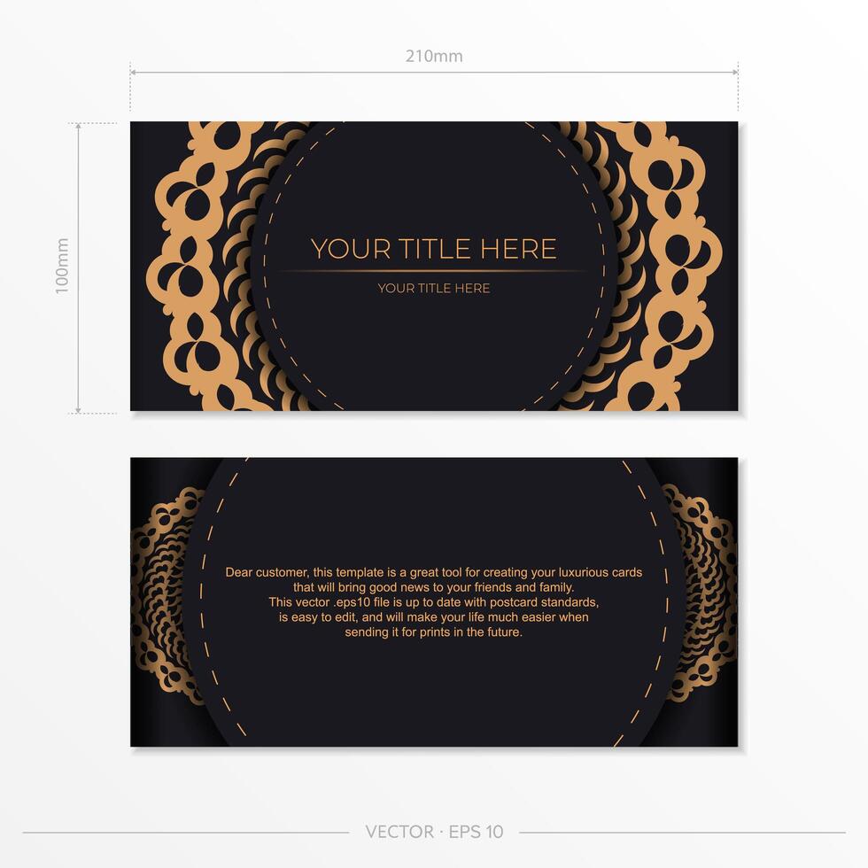 Dark black gold postcard template with white abstract ornament. Elegant and classic elements ready for print and typography. illustration. vector