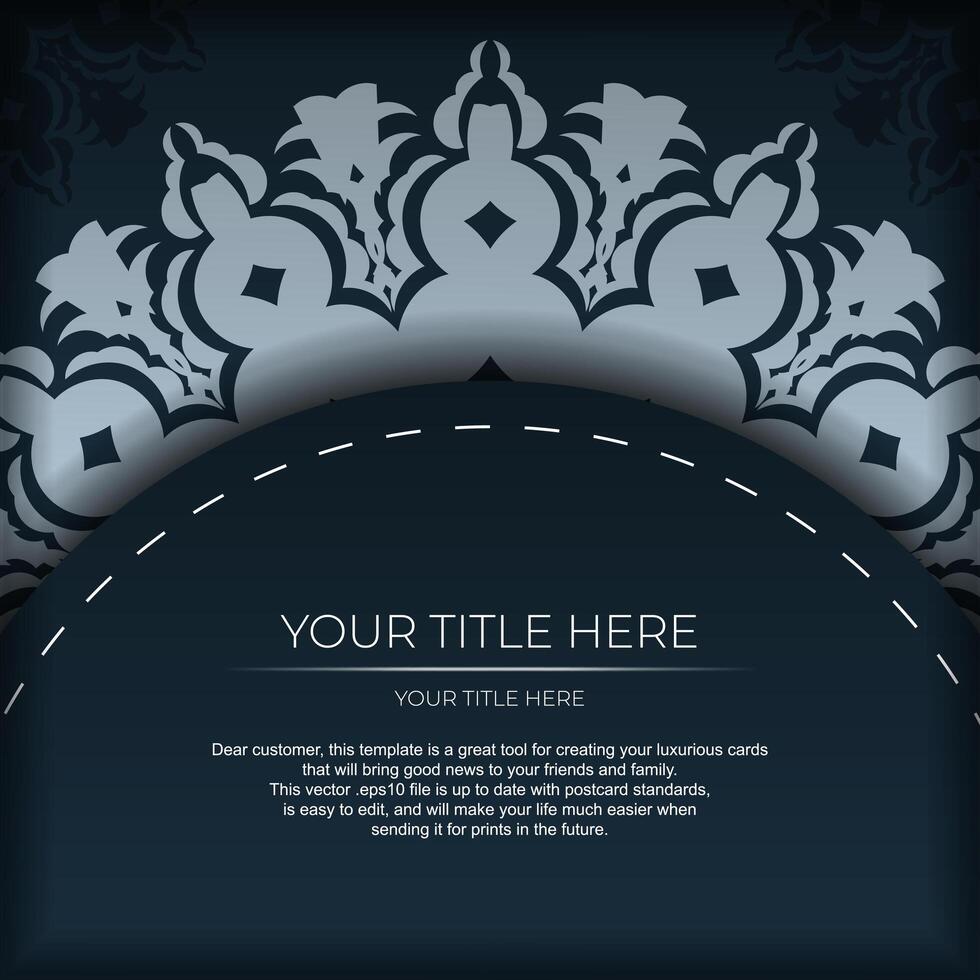 Dark blue postcard template with white abstract ornament. Elegant and classic elements ready for print and typography. vector