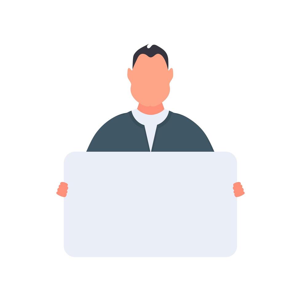 A businessman is standing and holding a blank poster with a place for the text. Man holding blank banner isolated on white background. The guy shows the poster. . vector