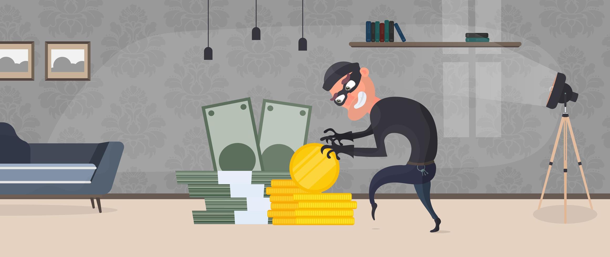 The robber steals money. The criminal steals gold coins. Robbery and finance security concept. Flat style, vector. vector