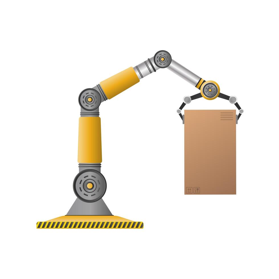 A mechanical robot holds a box. Industrial robotic arm lifts a load. Modern industrial technology. Appliances for manufacturing enterprises. Isolated. Vector. vector