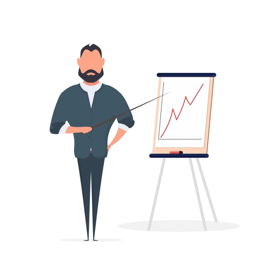 A man with a pointer points to a slide. The guy shows the report. Board for paper. Isolated. Vector. vector