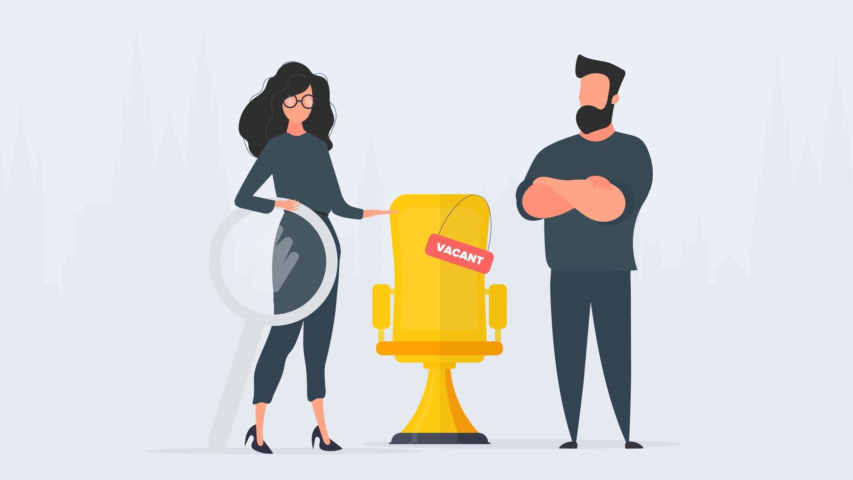 The girl shows in an empty space. Gold office chair. Open work concept. Suitable for registration on the topic of job search and workers. Vector. vector