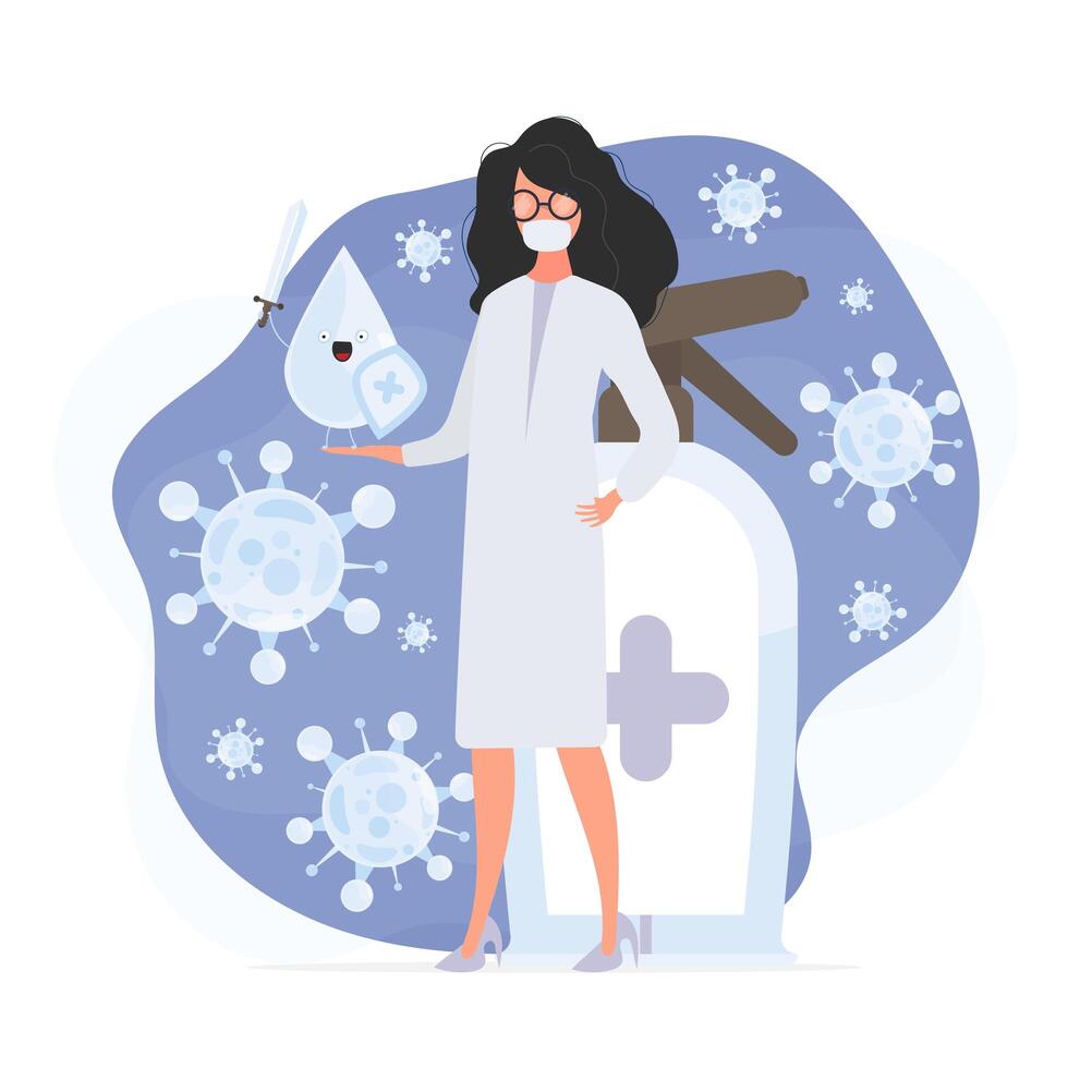 Girl doctor holds a sanitizer in her hands. Medical woman in a white coat. A drop with a sword and shield surrounded by virus molecules. Disinfectant in flat style. vector