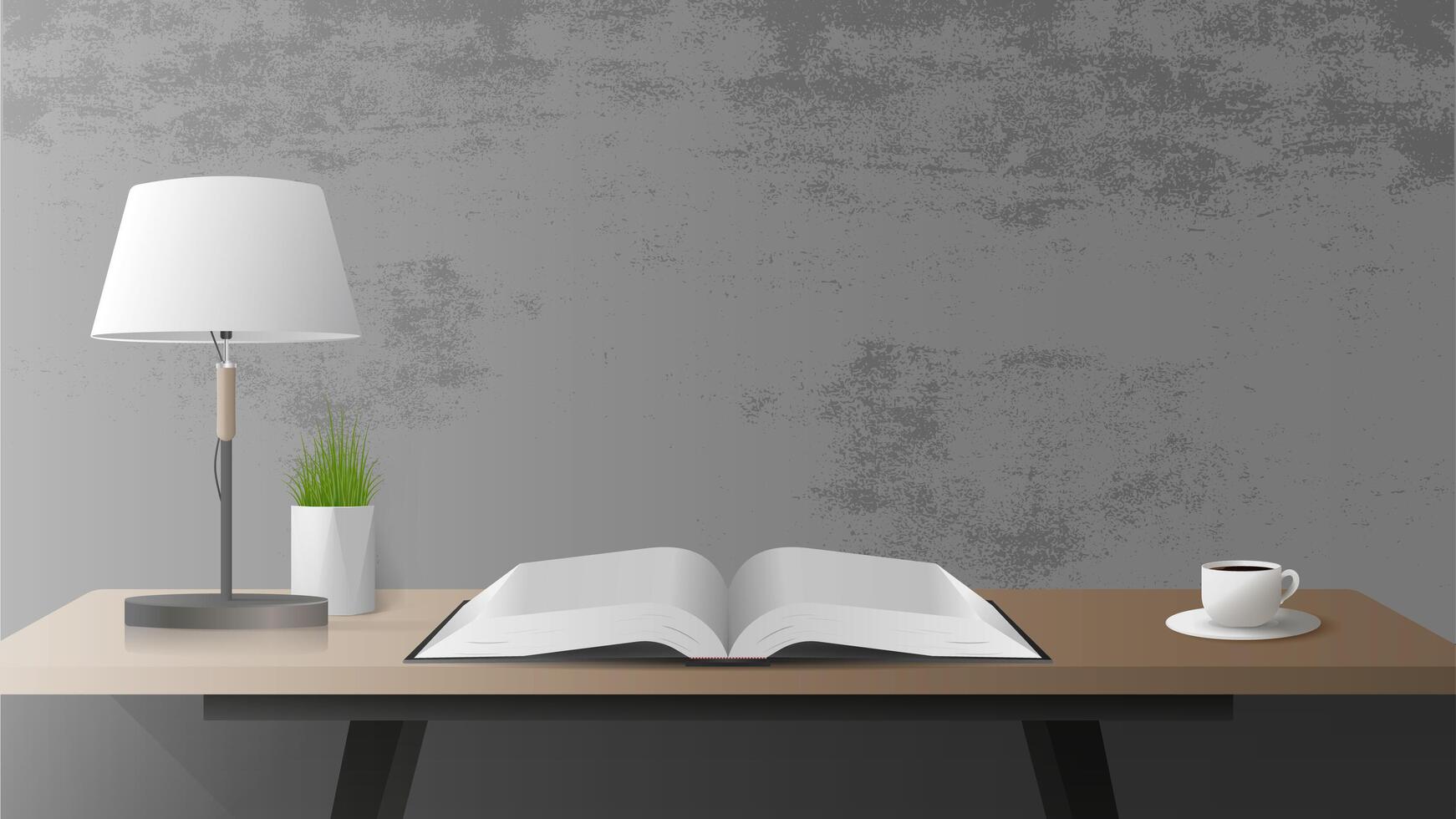 A table with an open book. Table lamp, cup of coffee, book, wooden table, concrete gray wall. . vector