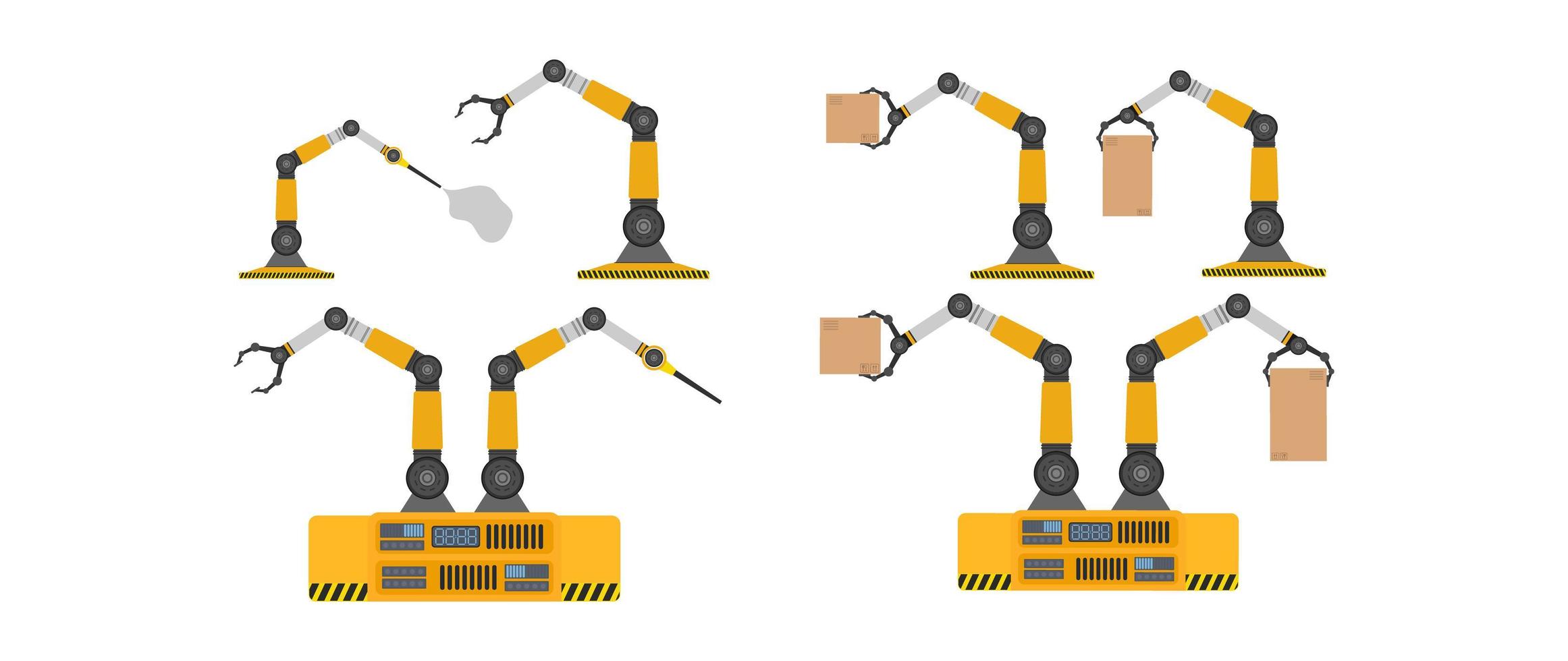 Set of mechanical robots holding boxes. Industrial robotic arm lifts a load. Modern industrial technology. Appliances for manufacturing enterprises. Isolated. Vector. vector
