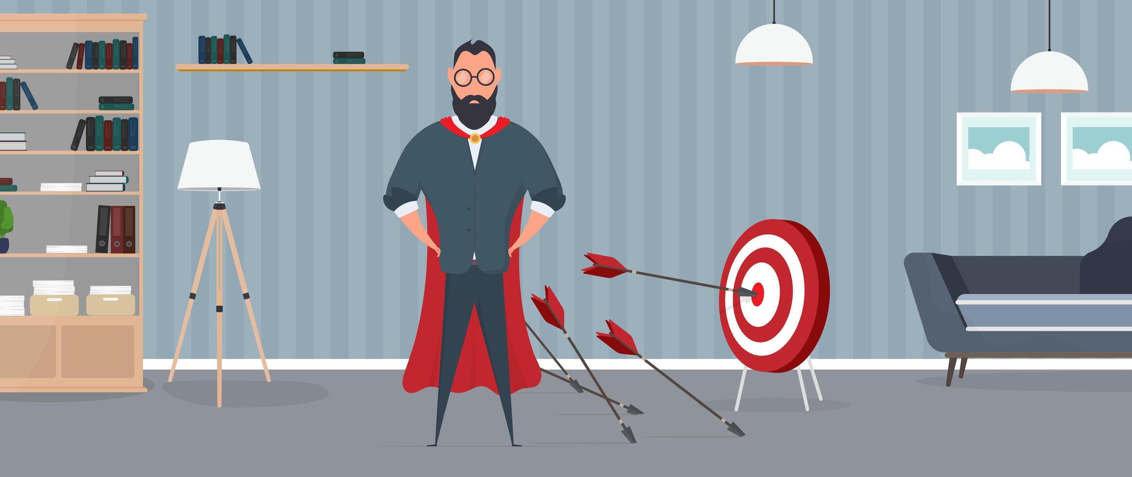 A man in a cape standing in front of a dart board vector