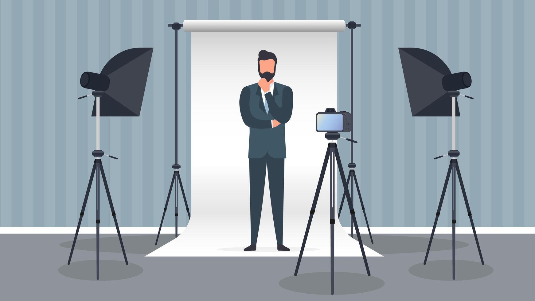 Photo Studio . A man in a business suit poses for the camera. White canvas background on tripods. Camera on a tripod, softbox. Professional photo studio. vector