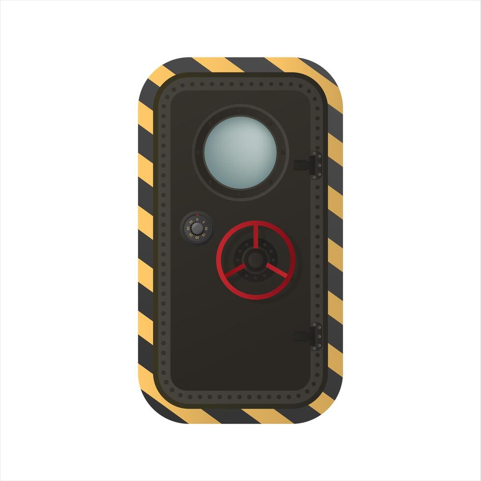 A black and yellow striped door with a red button vector