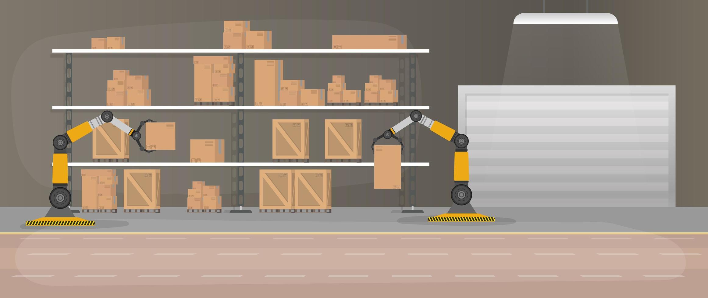 Production warehouse with boxes and pallets. Robotic arm works in a warehouse. Robot arm lifts boxes. vector