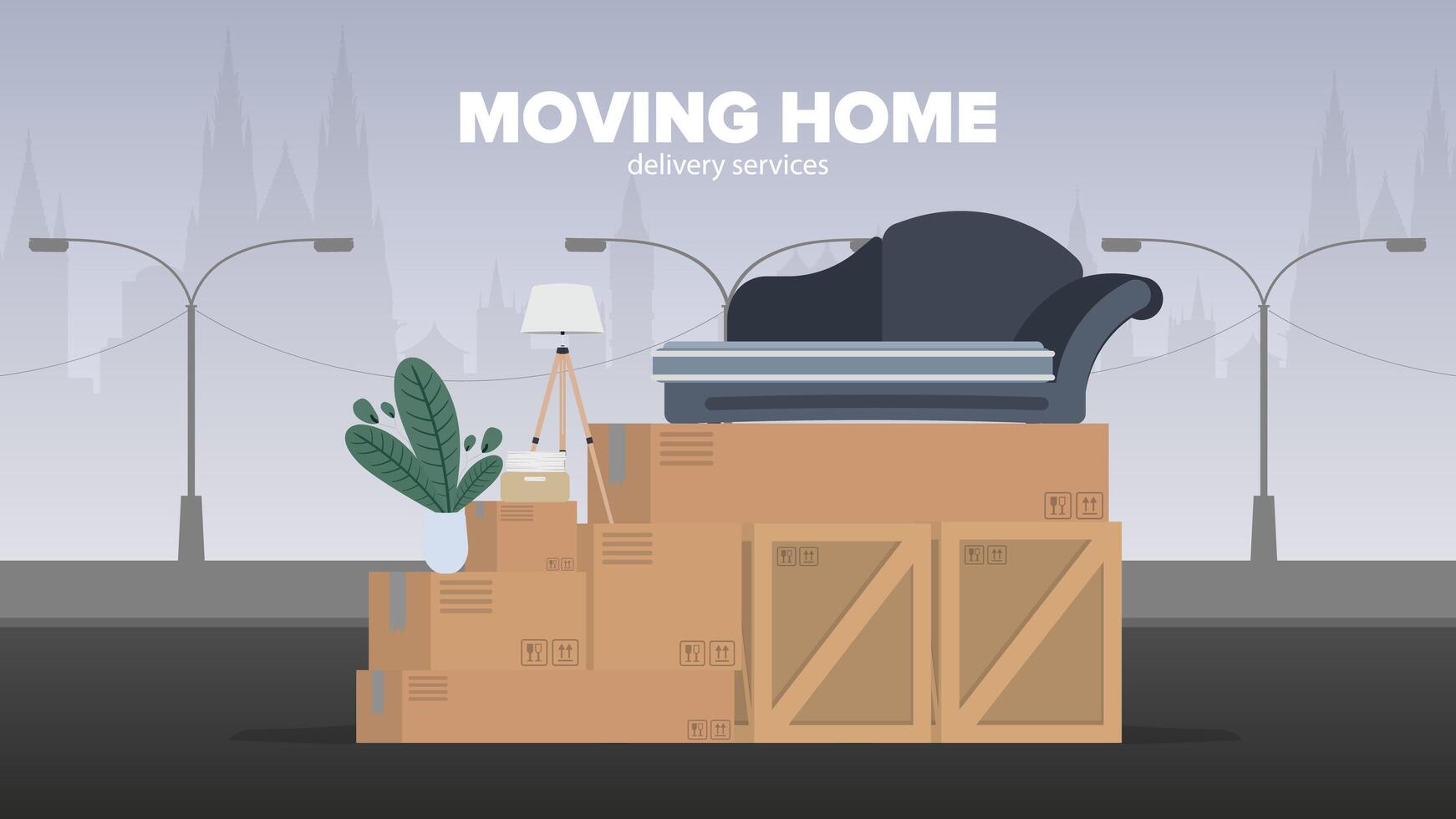 Moving home banner. Moving to a new place. Wooden boxes, cardboard boxes, sofa, houseplant, floor lamp. Isolated. Vector. vector