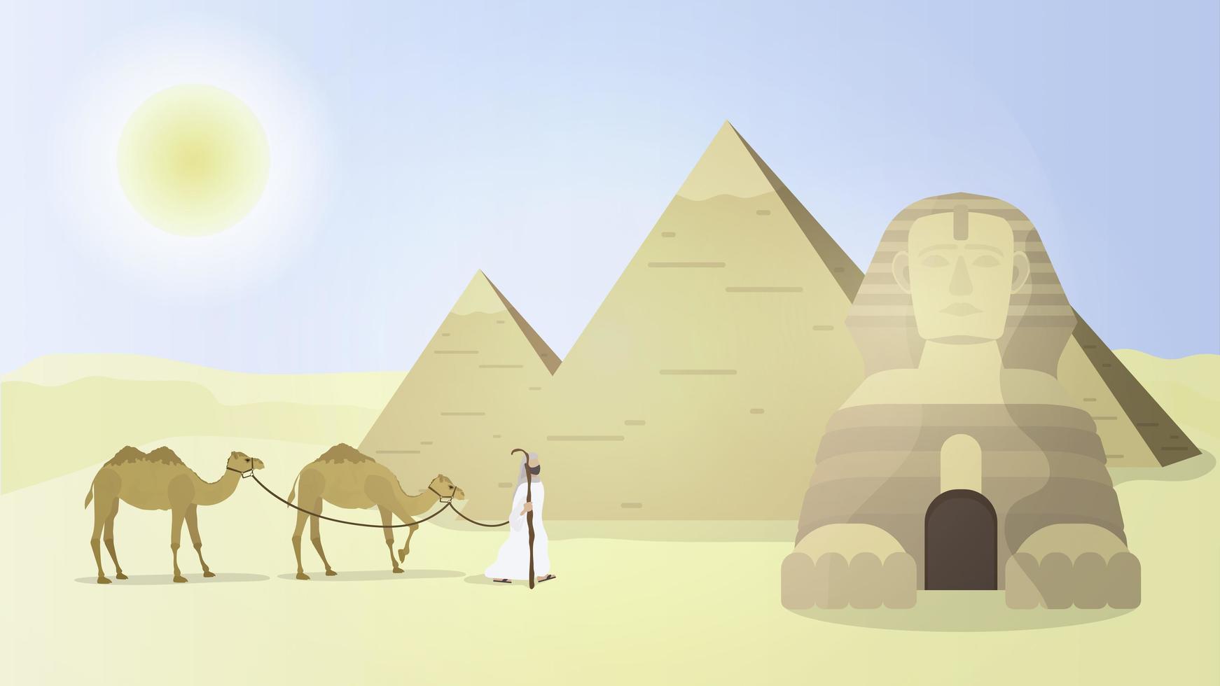 A shepherd leads camels through the desert. Egyptian pyramids, sphinx. Vector. vector