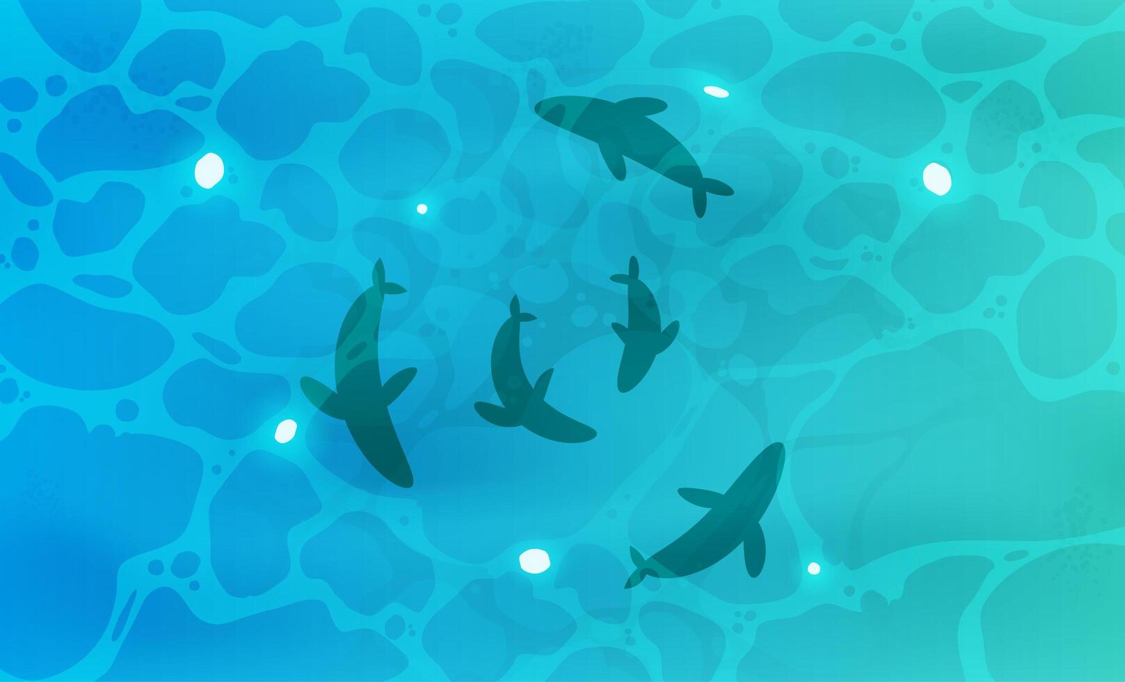 Fish in the water top view. Ocean, river or lake with clear blue water. Vector illustration.