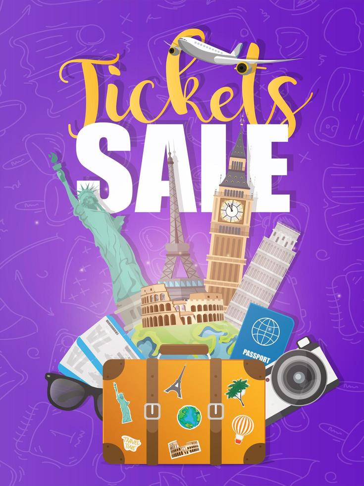 Tickets sale banner. Landmarks of the world. Well illustrated posters and banners on the topic of tourism. Vector illustration.