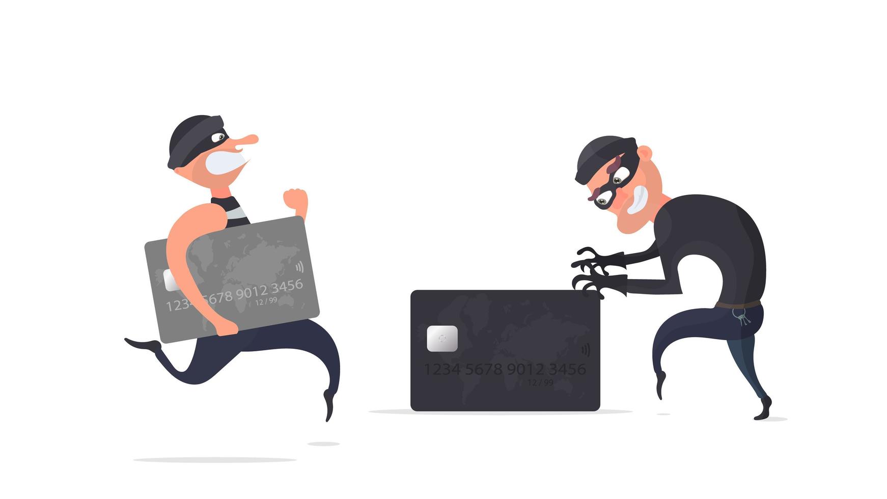 The robber runs away with a credit card. The criminal is running with a bank card. Cartoon style illustration. Good for security, robbery and fraud topics. Isolated. Vector. vector