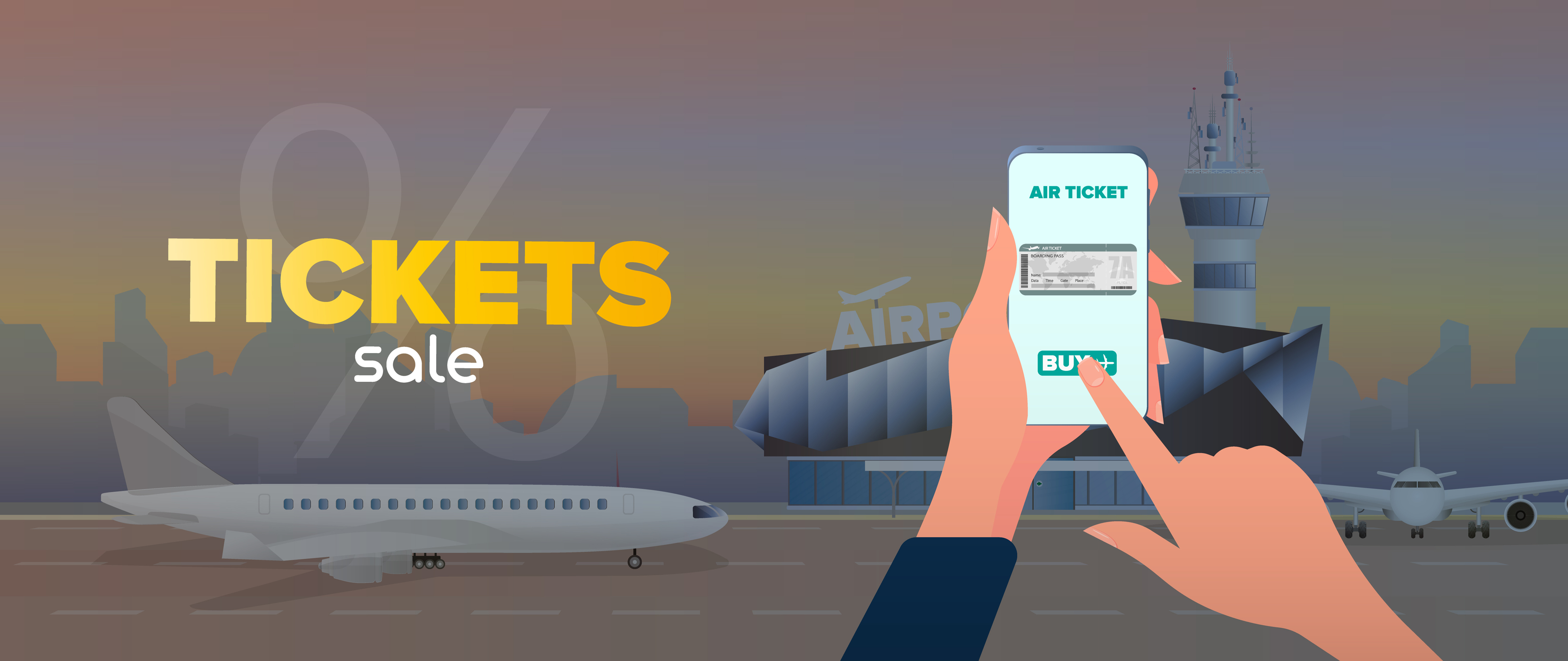 Ticket sale banner. Discount on air tickets. Online reservation. Modern