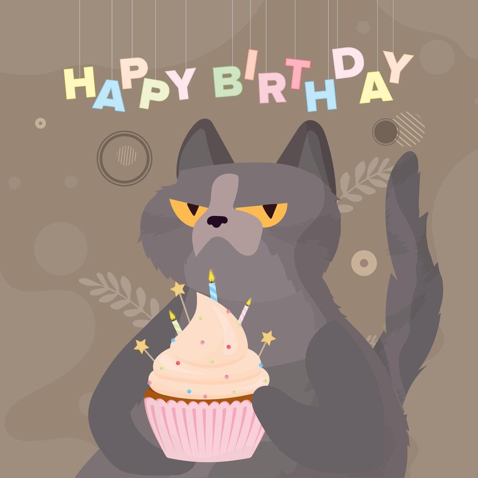 Funny cat holds a festive cupcake. Sweets with cream, muffin, festive dessert, confectionery. Good for happy birthday cards. Vector flat style.