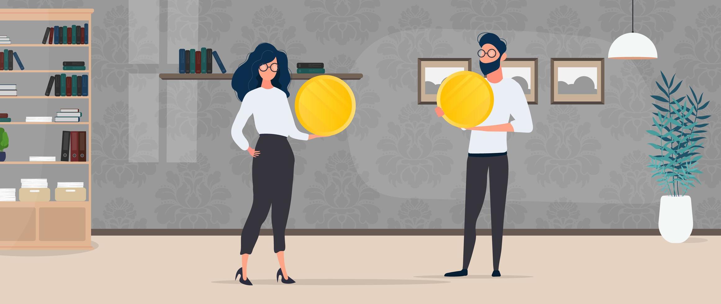 The guy and the girl are holding gold coins. Vector. vector