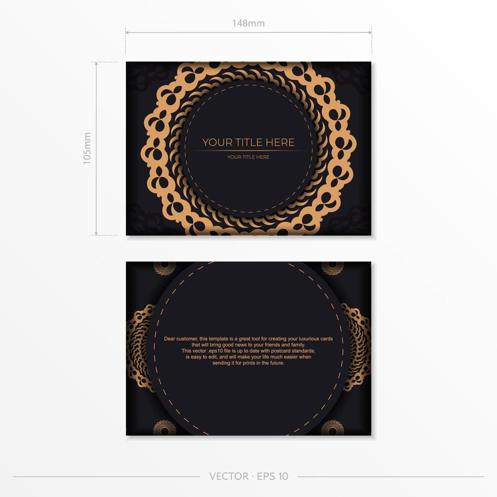 Dark black gold postcard template with white abstract ornament. Elegant and classic elements are great for decorating. illustration. vector