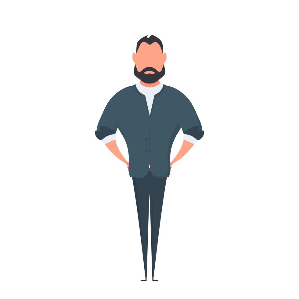 Bearded businessman in cartoon style. The man holds his hands on his belt. Isolated. Vector. vector
