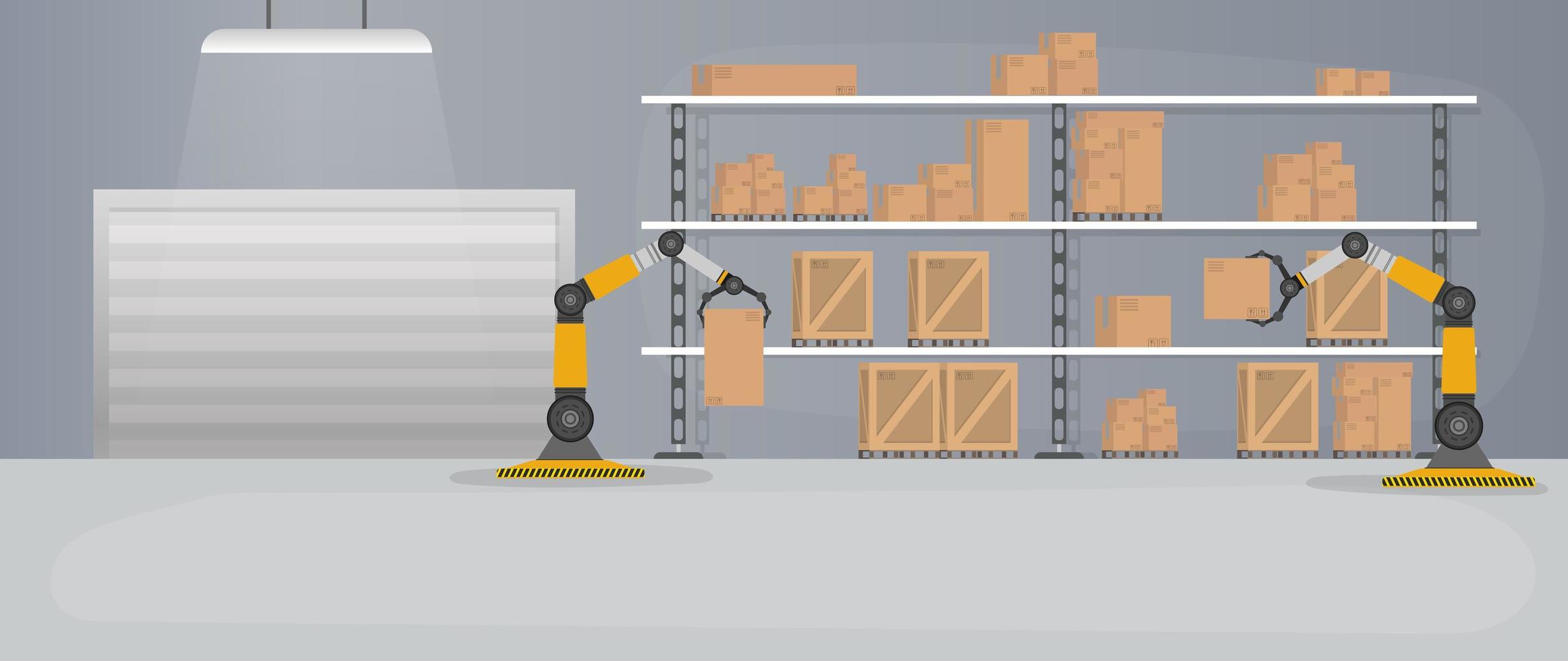 Production warehouse with boxes and pallets. Robotic arm works in a warehouse. Robot arm lifts boxes. vector