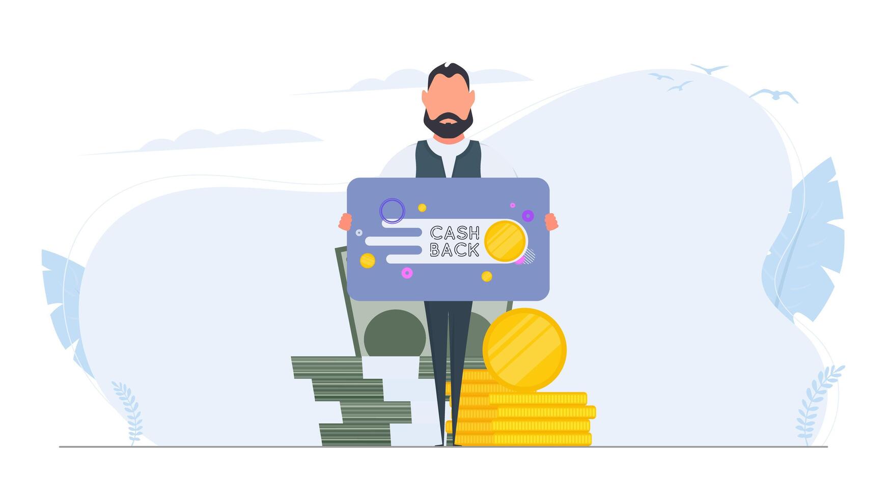 A man holds a banner with the inscription cashback. The guy with the table. The concept of saving money and cashback. . vector