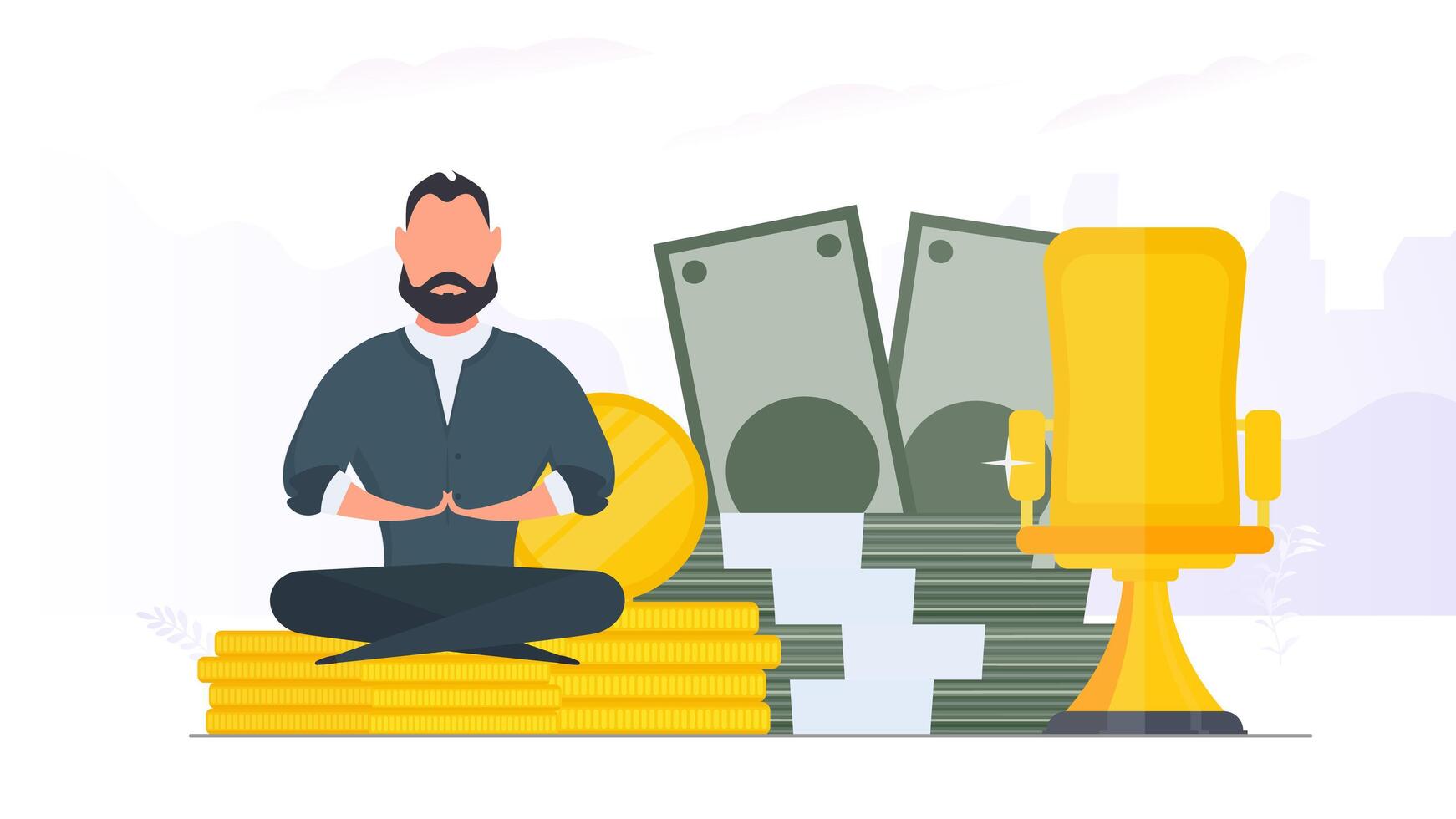 The man is meditating on the background of money. Business man doing yoga. Large stack of dollars and gold coins. . vector
