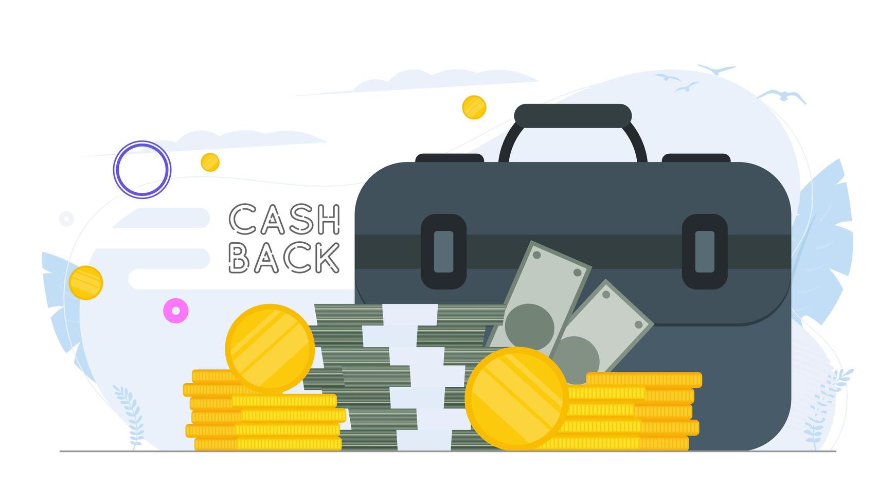Cashback concept. Large suitcase. Dollars, bundles of money, gold coins. The concept of successful business, earnings and wealth. Vector. vector