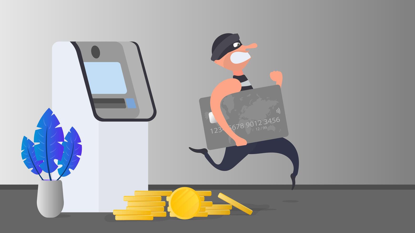 ladrón se escapa con una tarjeta de crédito. el criminal corre con una tarjeta bancaria. cajero automático de robo ilustración de estilo de dibujos animados. concepto de fraude. vector. vector