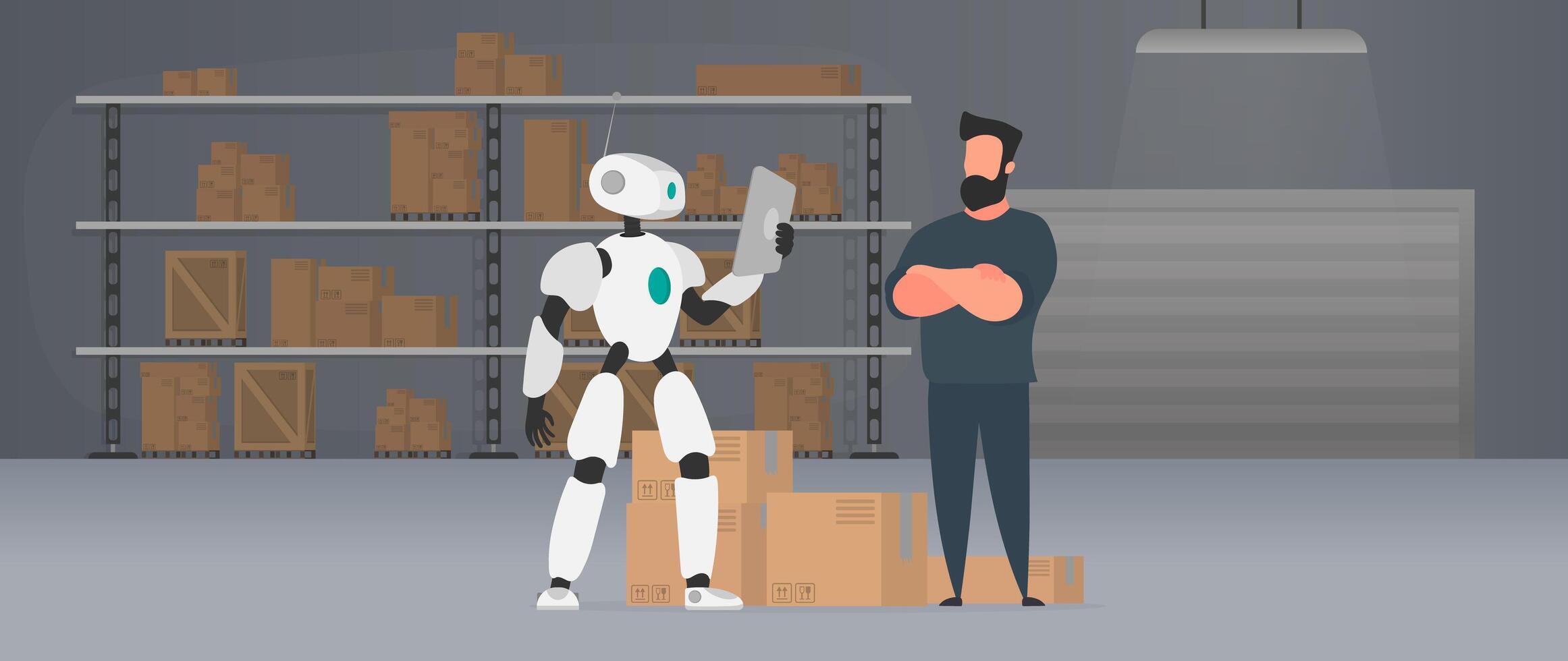 The robot stands with cardboard boxes near the conveyor line. Conveyor system in flat design. . vector