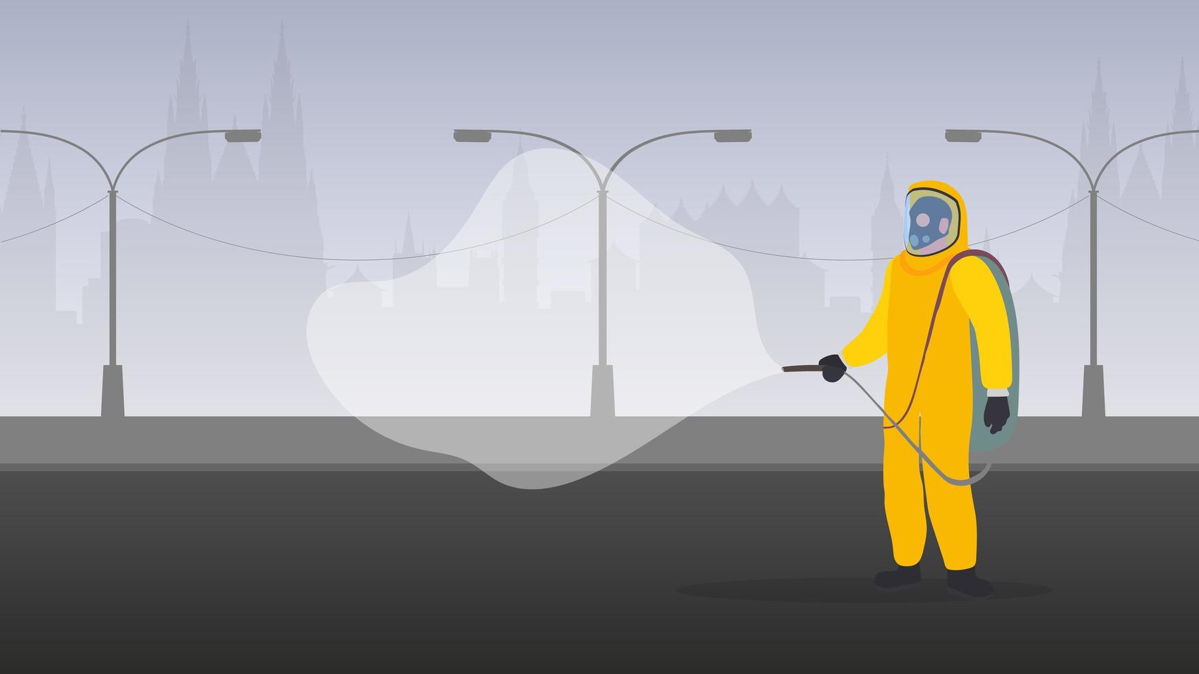 People in protective suits against the virus. The city is under quarantine. Coronavirus in the city. Vector illustration