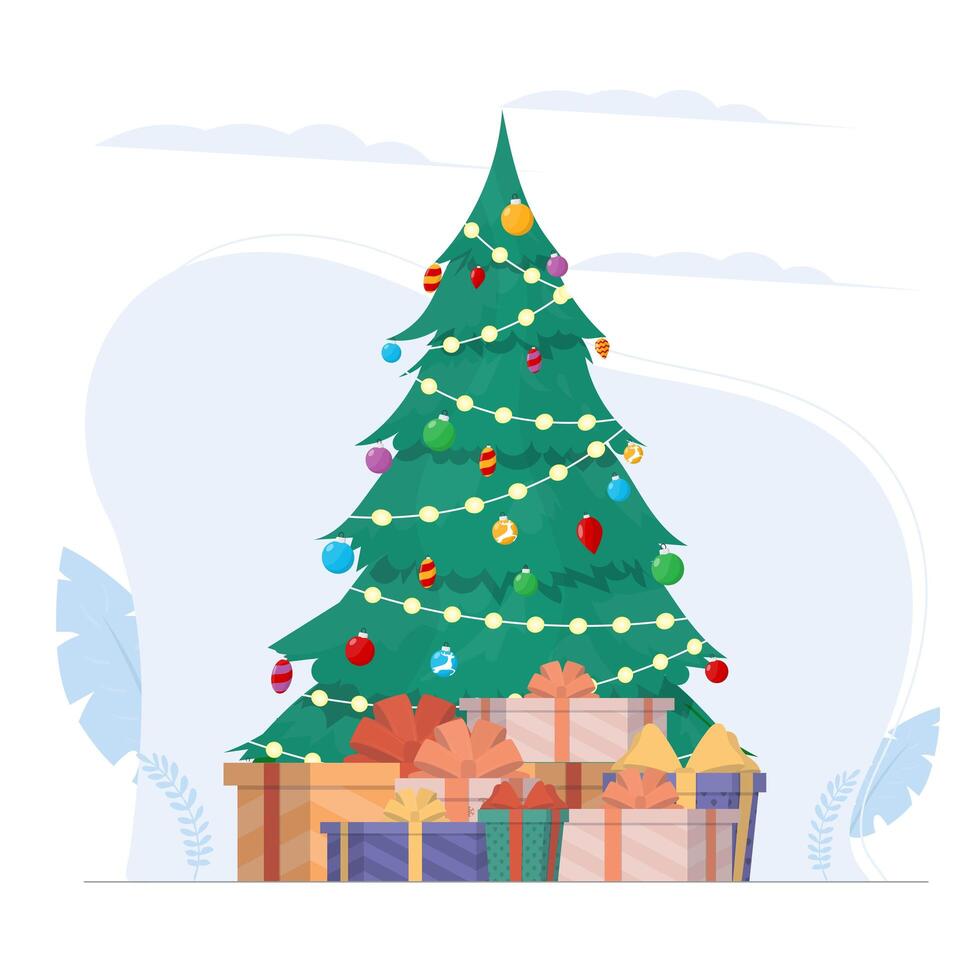 banner de año nuevo con árbol de navidad y regalos. árbol de coníferas verde. regalos debajo del árbol. vector. vector