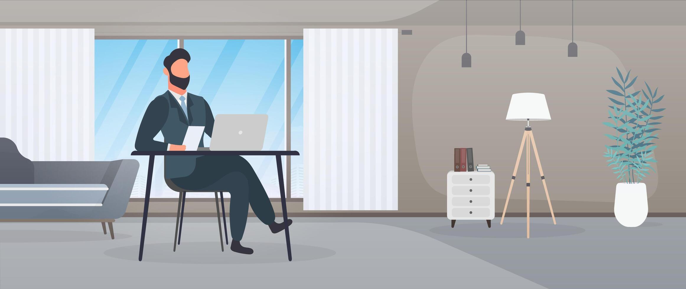 A guy with glasses sits at a table in his office. A man works on a laptop. Office, bookshelf, business man, floor lamp. Office work concept. Vector. vector