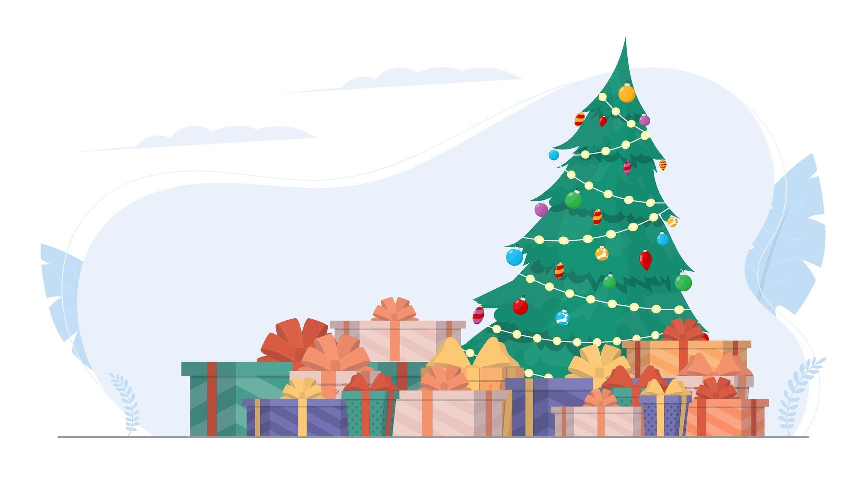 New Year banner with Christmas tree and gifts. Green coniferous tree. Gifts under the tree. . vector