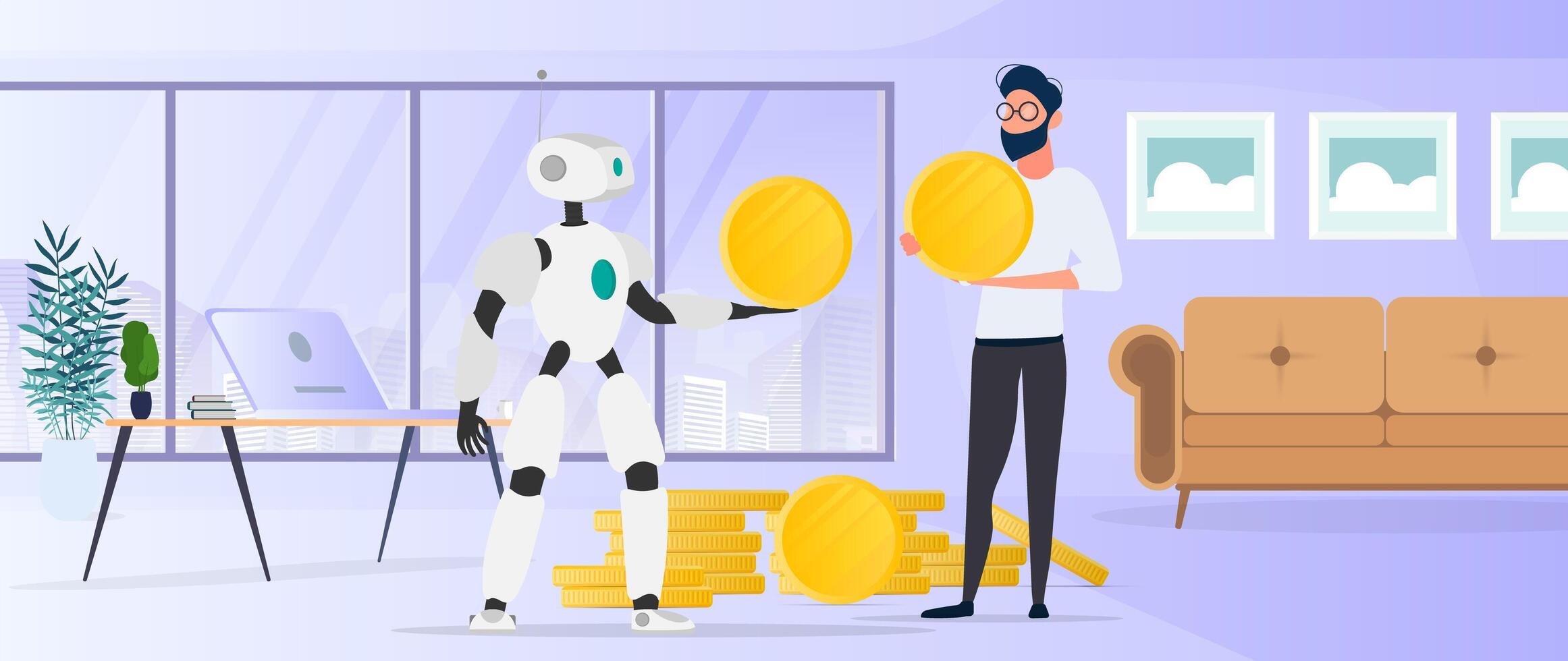 The robot gives a gold coin to a businessman. The robot brings profit to the business. The concept of earnings, profit and wealth. Vector. vector
