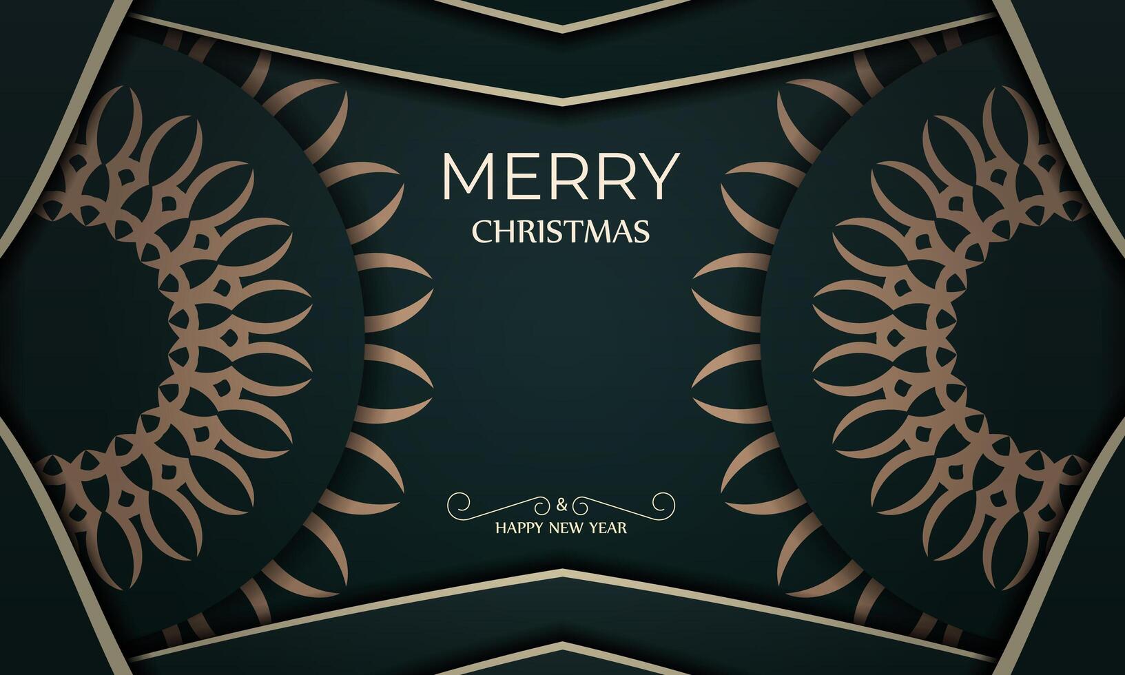 Postcard template Merry Christmas and Happy New Year in dark green color with winter yellow pattern vector