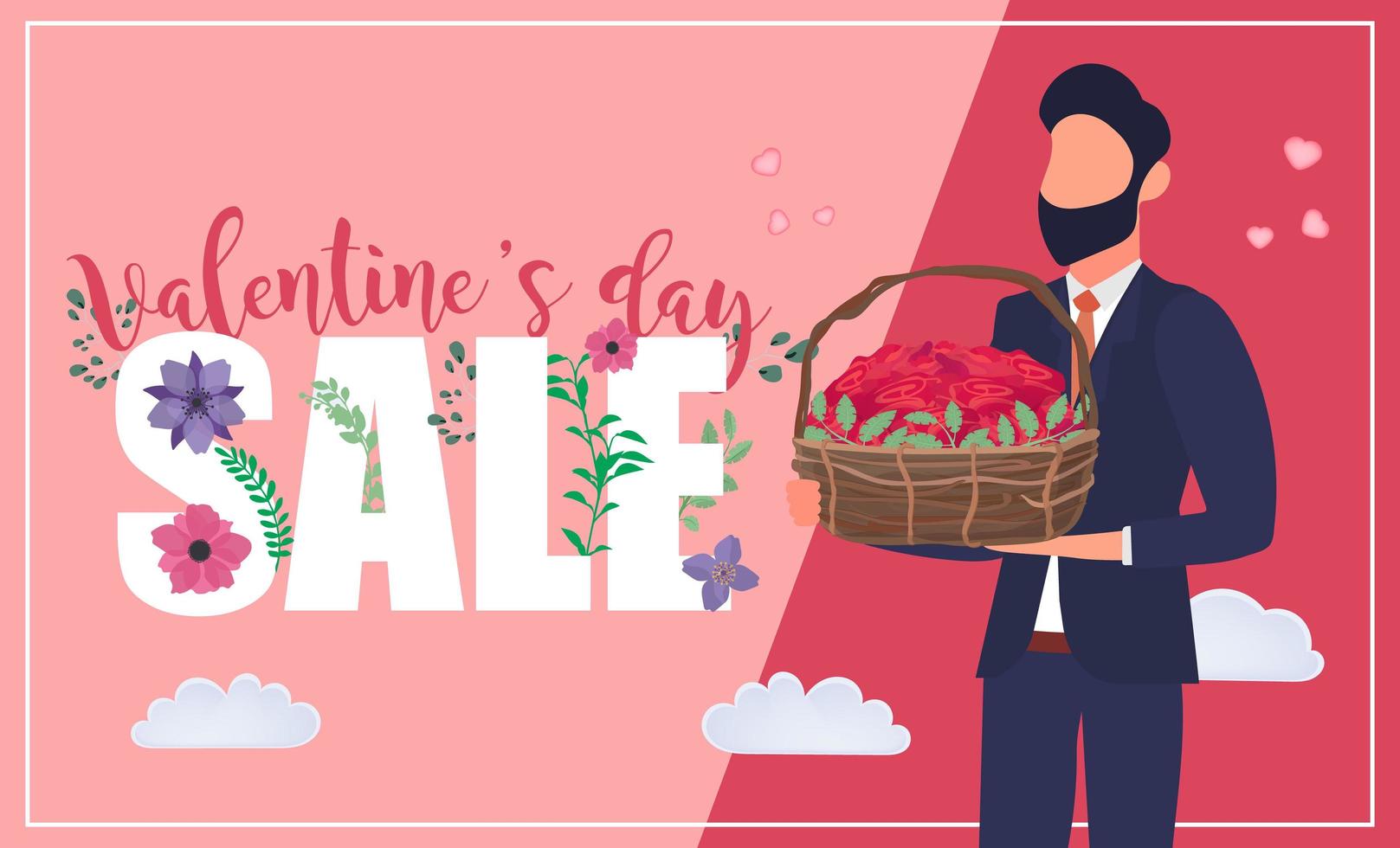 Valentine's day sale banner. A man in a business suit with a basket of flowers. Vector. vector