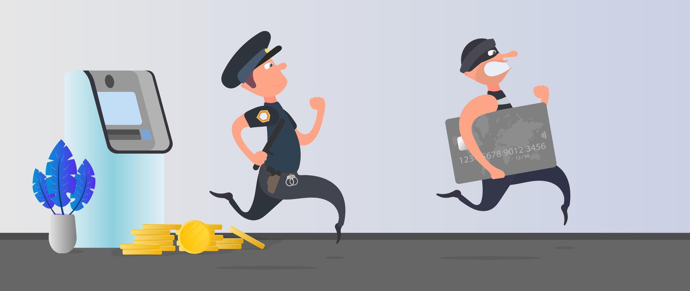 un policía corre tras un ladrón. el ladrón roba una tarjeta bancaria y se da a la fuga. cajero automático, monedas de oro. concepto de fraude. estilo de dibujos animados vector. vector