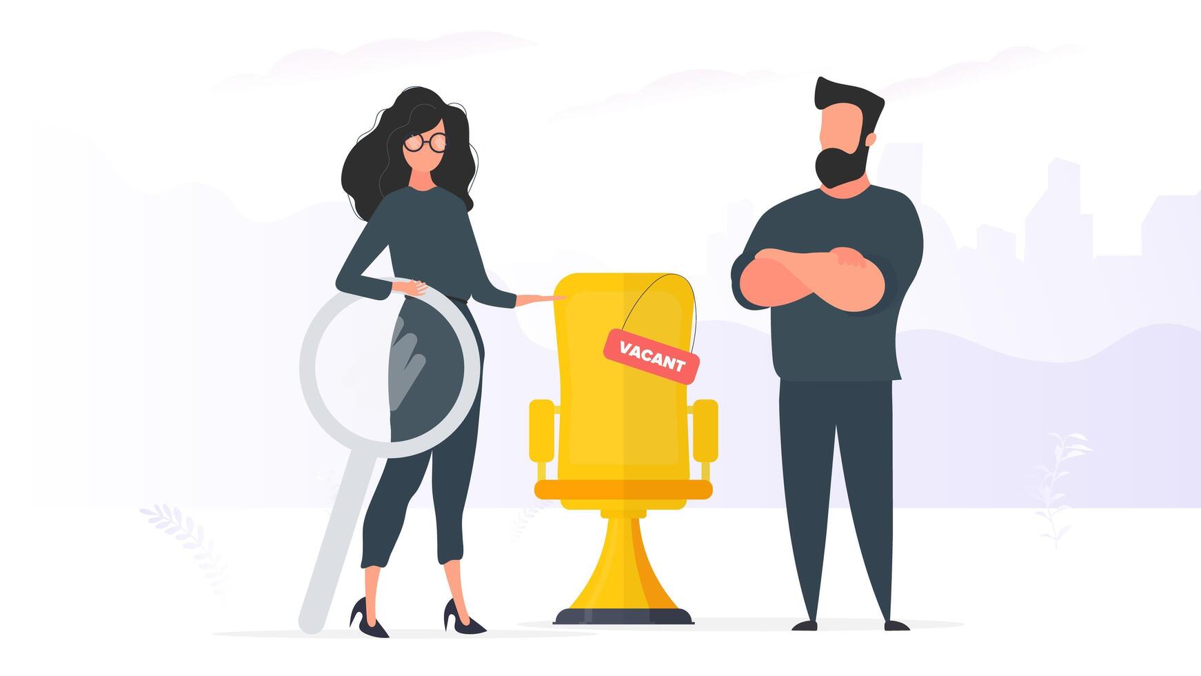 The girl shows in an empty space. Gold office chair. Open work concept. Suitable for registration on the topic of job search and workers. Vector. vector