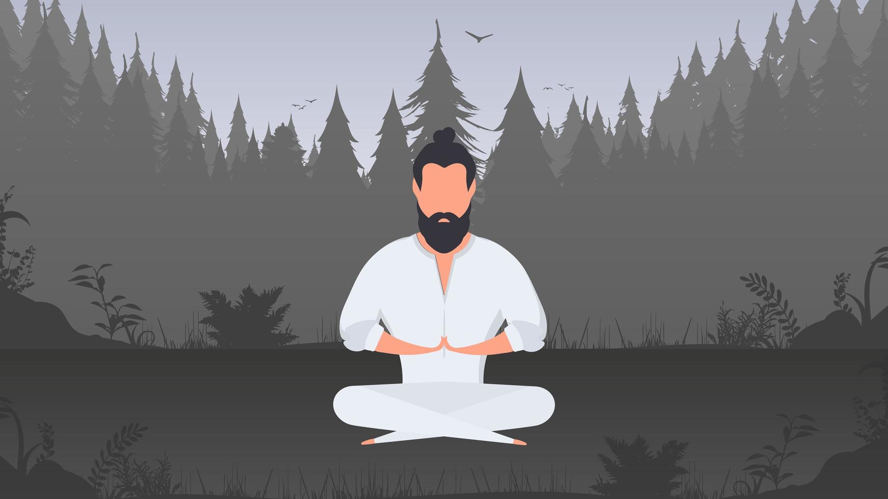 A man in a white kimono meditates in the park. Kung Fu Master. The guy is doing yoga in nature. Vector. vector