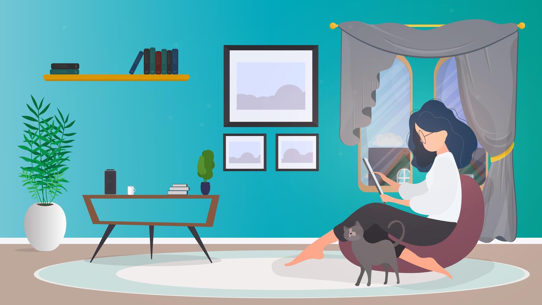 Work from home banner. The girl sits on an ottoman and works at the tablet. A woman with a tablet is sitting on a large pouf. Comfortable work at home concept. . vector