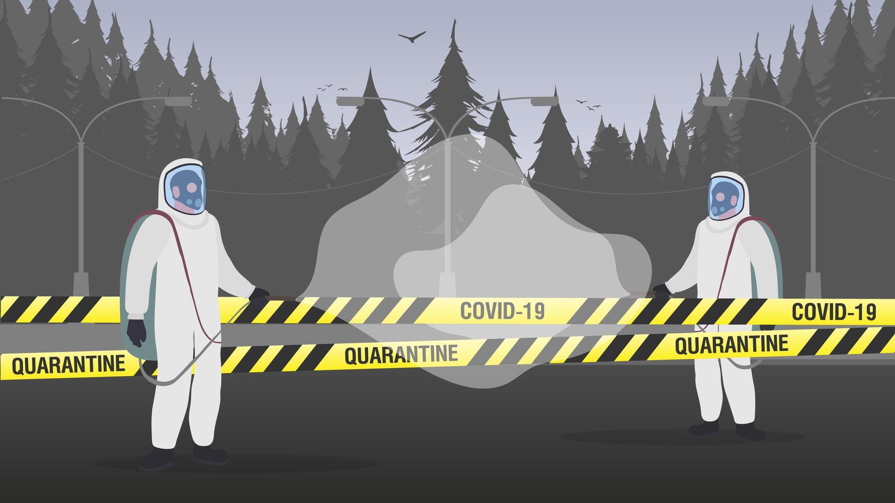 People in protective suits from the virus. The city is in quarantine. Coronavirus in the city. Yellow ribbons with black stripes. Vector illustration