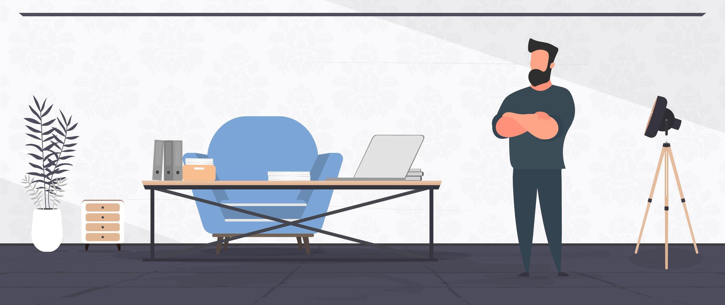 The director is in the office. Businessman in the office. Loft-style room. Bright room. Workplace. Table with laptop, books and documents. Flower in a pot, wooden cabinet. Vector. vector